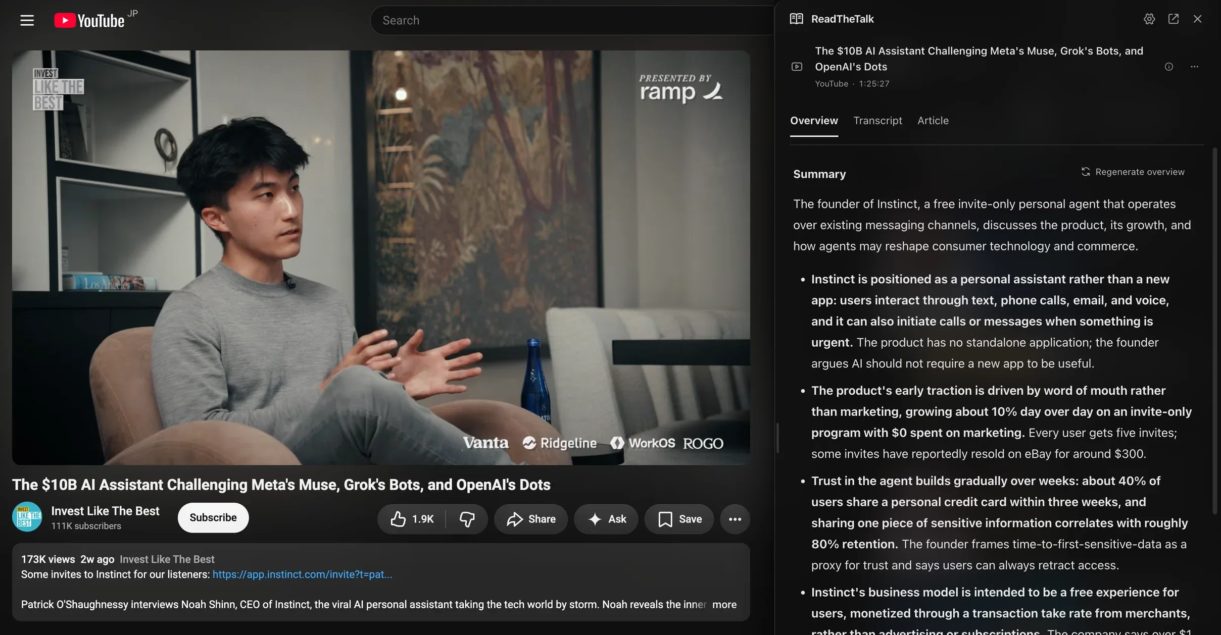 A YouTube video on the left and the ReadTheTalk panel on the right, showing the episode title, an Overview tab and a written summary of the conversation.